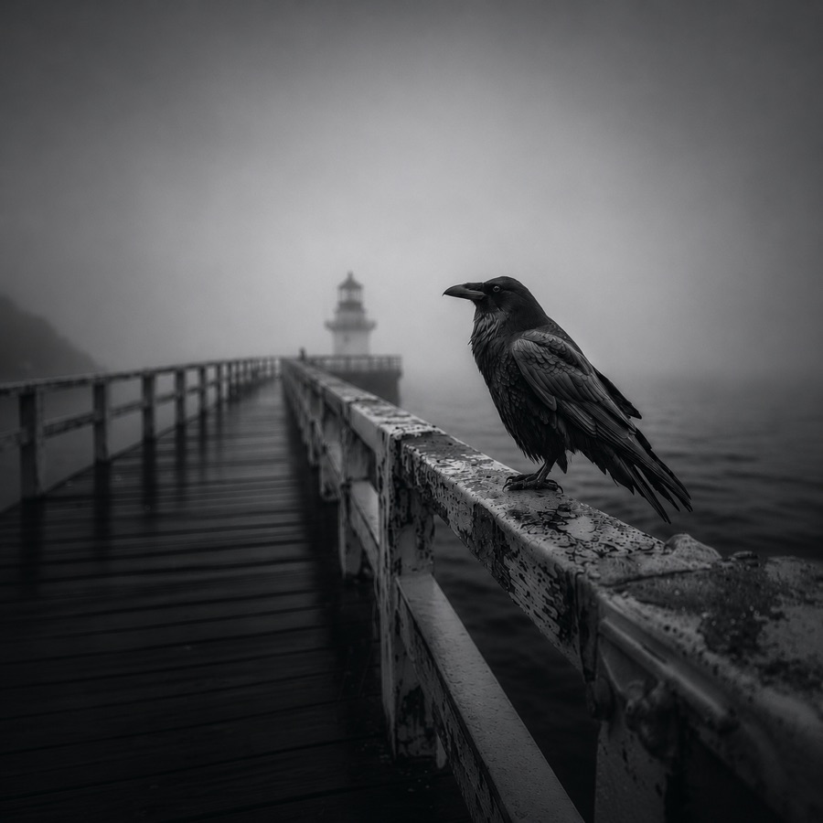a raven on a foggy pier before a lighthouse